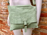 Light GREEN  suede leather bag. Soft natural suede, genuine leather purse. Mint green messenger with zipper, flap and adjustable strap.