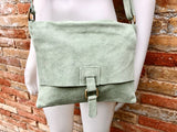 Light GREEN  suede leather bag. Soft natural suede, genuine leather purse. Mint green messenger with zipper, flap and adjustable strap.