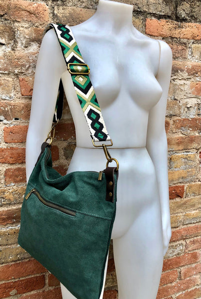 Crossbody bag. Dark GREEN Suede leather bag with 2 straps 1 brown