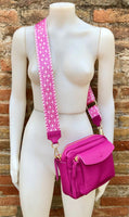 Genuine leather PINK bag with embroidered strap. GENUINE leather cross body bag. Hot pink purse with zippers. Fuchsia leather crossbody