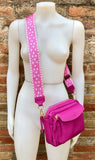 Genuine leather PINK bag with embroidered strap. GENUINE leather cross body bag. Hot pink purse with zippers. Fuchsia leather crossbody