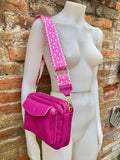 Genuine leather PINK bag with embroidered strap. GENUINE leather cross body bag. Hot pink purse with zippers. Fuchsia leather crossbody