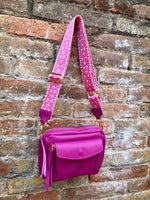 Genuine leather PINK bag with embroidered strap. GENUINE leather cross body bag. Hot pink purse with zippers. Fuchsia leather crossbody