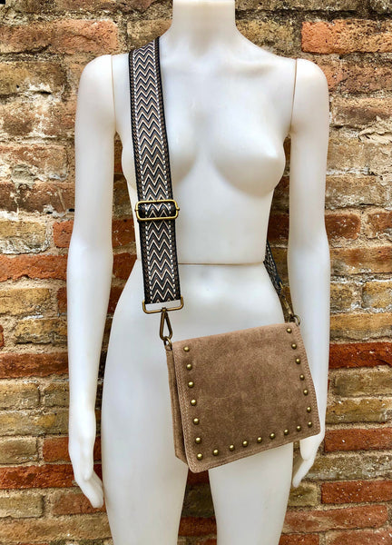 Small brown crossbody bag with adjustable guitar strap + suede strap. –  Handmade suede bags by Good Times Barcelona