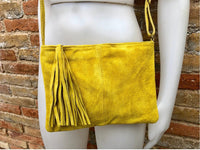 Suede leather bag in MUSTARD YELLOW .Cross body bag, shoulder bag in GENUINE leather. Small leather bag with adjustable strap and zipper.