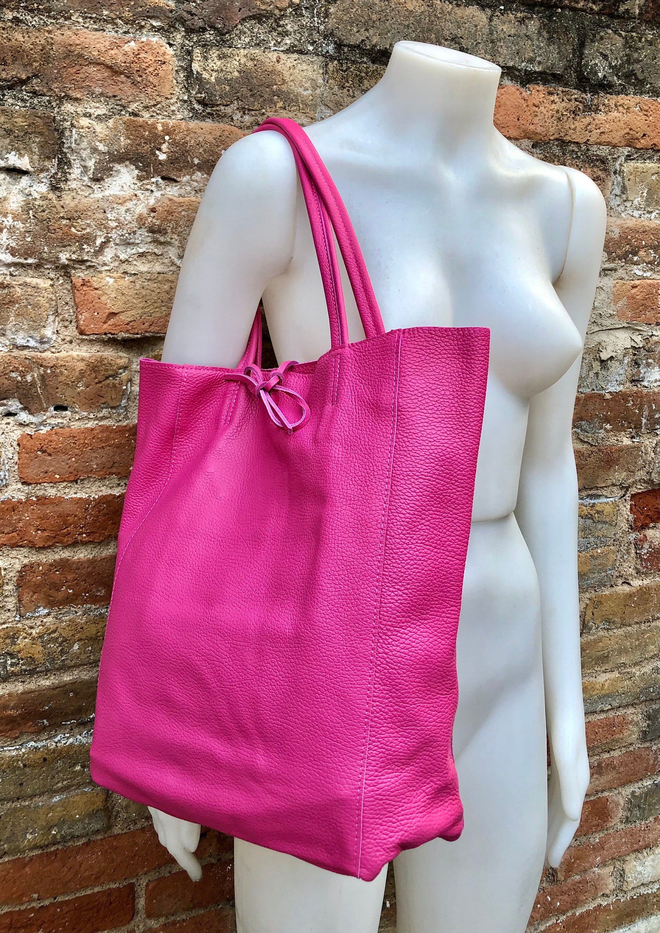 Tote leather bag in fuchsia pink. Soft natural GENUINE leather bag. Large hot pink leather shopper bag, Laptop bag.Hot pink purse