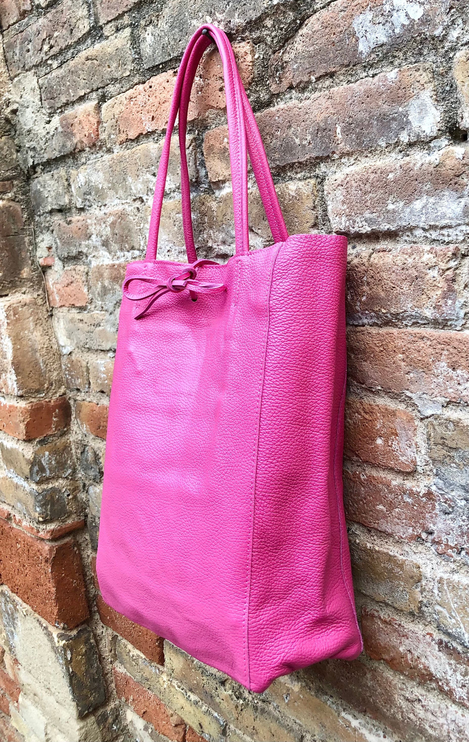Tote leather bag in fuchsia pink. Soft natural GENUINE leather bag. Large hot pink leather shopper bag, Laptop bag.Hot pink purse