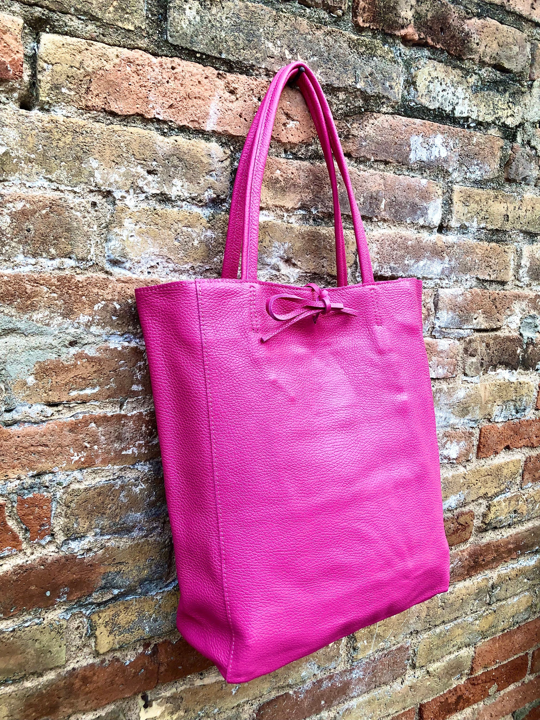 Tote leather bag in fuchsia pink. Soft natural GENUINE leather bag. Large hot pink leather shopper bag, Laptop bag.Hot pink purse