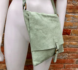 Light GREEN  suede leather bag. Soft natural suede, genuine leather purse. Mint green messenger with zipper, flap and adjustable strap.