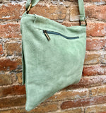 Light GREEN  suede leather bag. Soft natural suede, genuine leather purse. Mint green messenger with zipper, flap and adjustable strap.