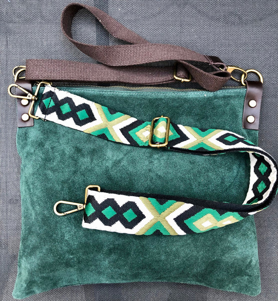 GREEN suede messenger bag: 1 GUITAR strap + 1 brown strap. Soft genuine  leather crossbody / shoulder bag .for books, tablets. Green shopper.