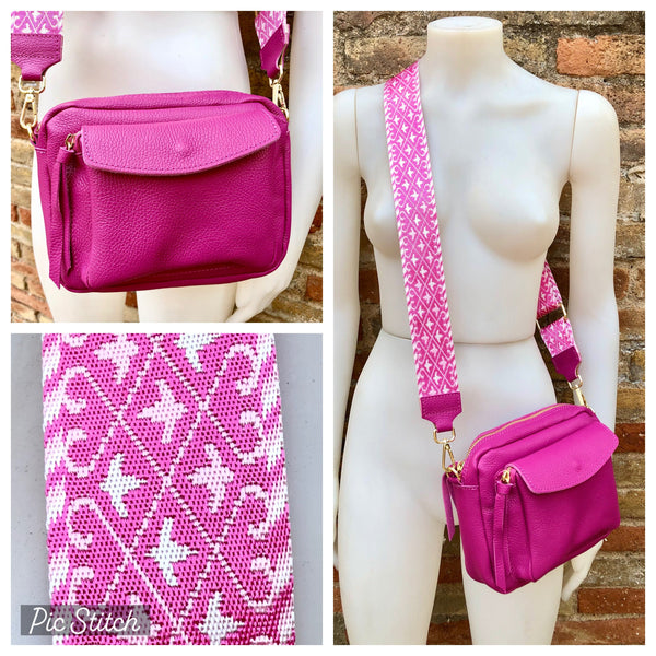 Genuine leather PINK bag with embroidered strap. GENUINE leather cross body  bag. Hot pink purse with zippers. Fuchsia leather crossbody