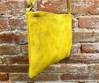 Suede leather bag in MUSTARD YELLOW .Cross body bag, shoulder bag in GENUINE leather. Small leather bag with adjustable strap and zipper.