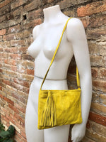 Suede leather bag in MUSTARD YELLOW .Cross body bag, shoulder bag in GENUINE leather. Small leather bag with adjustable strap and zipper.