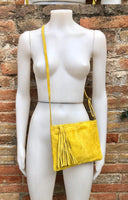 Suede leather bag in MUSTARD YELLOW .Cross body bag, shoulder bag in GENUINE leather. Small leather bag with adjustable strap and zipper.