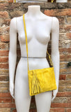 Suede leather bag in MUSTARD YELLOW .Cross body bag, shoulder bag in GENUINE leather. Small leather bag with adjustable strap and zipper.