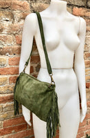 Cross body / shoulder green fringe bag. BOHO suede leather bag with FRINGES. Genuine suede crossbody hippy bag. Green fringed purse 2 straps