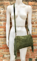 Cross body / shoulder green fringe bag. BOHO suede leather bag with FRINGES. Genuine suede crossbody hippy bag. Green fringed purse 2 straps