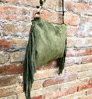 Cross body / shoulder green fringe bag. BOHO suede leather bag with FRINGES. Genuine suede crossbody hippy bag. Green fringed purse 2 straps