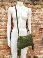 Cross body / shoulder green fringe bag. BOHO suede leather bag with FRINGES. Genuine suede crossbody hippy bag. Green fringed purse 2 straps