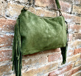 Cross body / shoulder green fringe bag. BOHO suede leather bag with FRINGES. Genuine suede crossbody hippy bag. Green fringed purse 2 straps