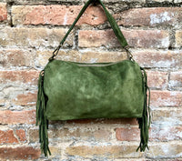 Cross body / shoulder green fringe bag. BOHO suede leather bag with FRINGES. Genuine suede crossbody hippy bag. Green fringed purse 2 straps