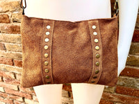 Crossbody bag. Camel BROWN boho suede leather purse with bronze color tacks Genuine suede leather messenger bag. Saddle brown crossbody bag