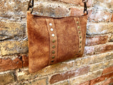 Crossbody bag. Camel BROWN boho suede leather purse with bronze color tacks Genuine suede leather messenger bag. Saddle brown crossbody bag