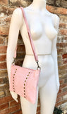 Crossbody bag. Light PINK boho suede leather purse with bronze color tacks Genuine suede leather messenger bag. Pink suede crossbody bag