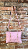 Crossbody bag. Light PINK boho suede leather purse with bronze color tacks Genuine suede leather messenger bag. Pink suede crossbody bag