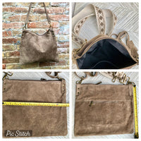 Light brown suede messenger bag: 1 GUITAR strap + 1 suede strap. Genuine leather crossbody / shoulder bag. Brown purse + embroidered strap