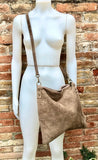 Light brown suede messenger bag: 1 GUITAR strap + 1 suede strap. Genuine leather crossbody / shoulder bag. Brown purse + embroidered strap