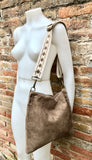 Light brown suede messenger bag: 1 GUITAR strap + 1 suede strap. Genuine leather crossbody / shoulder bag. Brown purse + embroidered strap