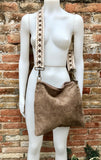 Light brown suede messenger bag: 1 GUITAR strap + 1 suede strap. Genuine leather crossbody / shoulder bag. Brown purse + embroidered strap