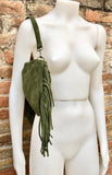 Cross body / shoulder green fringe bag. BOHO suede leather bag with FRINGES. Genuine suede crossbody hippy bag. Green fringed purse 2 straps