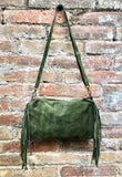 Cross body / shoulder green fringe bag. BOHO suede leather bag with FRINGES. Genuine suede crossbody hippy bag. Green fringed purse 2 straps