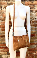 Crossbody bag. Camel BROWN boho suede leather purse with bronze color tacks Genuine suede leather messenger bag. Saddle brown crossbody bag