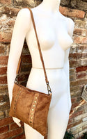 Crossbody bag. Camel BROWN boho suede leather purse with bronze color tacks Genuine suede leather messenger bag. Saddle brown crossbody bag