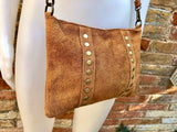 Crossbody bag. Camel BROWN boho suede leather purse with bronze color tacks Genuine suede leather messenger bag. Saddle brown crossbody bag