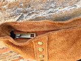 Crossbody bag. Camel BROWN boho suede leather purse with bronze color tacks Genuine suede leather messenger bag. Saddle brown crossbody bag