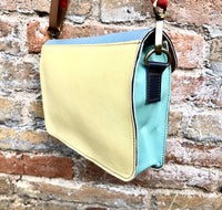 Genuine leather small cross body bag. Enveloppe bag, adjustable strap + flap. Boho multicolor purse: light blue, aqua green, fuchsia, yellow