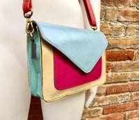 Genuine leather small cross body bag. Enveloppe bag, adjustable strap + flap. Boho multicolor purse: light blue, aqua green, fuchsia, yellow