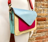 Genuine leather small cross body bag. Enveloppe bag, adjustable strap + flap. Boho multicolor purse: light blue, aqua green, fuchsia, yellow