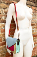 Genuine leather small cross body bag. Enveloppe bag, adjustable strap + flap. Boho multicolor purse: light blue, aqua green, fuchsia, yellow