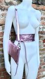 Metallic shine light pink genuine leather bag + obi belt. Small shoulder / crossbody bag + belt set. Pink party purse + waist belt