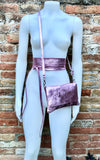 Metallic shine light pink genuine leather bag + obi belt. Small shoulder / crossbody bag + belt set. Pink party purse + waist belt