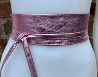 Metallic shine light pink genuine leather bag + obi belt. Small shoulder / crossbody bag + belt set. Pink party purse + waist belt