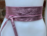 Metallic shine light pink genuine leather bag + obi belt. Small shoulder / crossbody bag + belt set. Pink party purse + waist belt