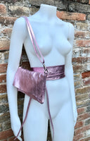 Metallic shine light pink genuine leather bag + obi belt. Small shoulder / crossbody bag + belt set. Pink party purse + waist belt