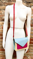 Genuine leather small cross body bag. Enveloppe bag, adjustable strap + flap. Boho multicolor purse: light blue, aqua green, fuchsia, yellow